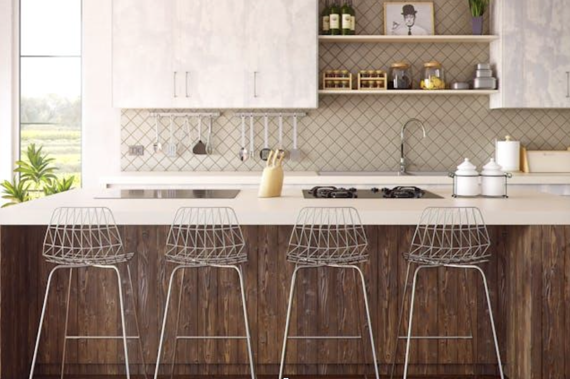 Four Gray Bar Stools in Front of Kitchen Countertop